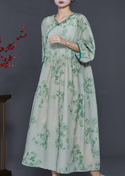 Vintage Green Print Linen Oriental Dresses Bracelet Sleeve