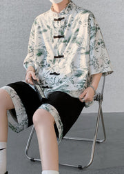 Vintage Green Print Patchwork Men Shirt And Shorts Two Pieces Set Summer