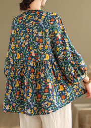 Vintage Green Print Patchwork Wrinkled Tops Fall