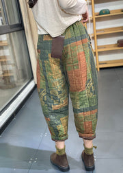 Vintage Green Print Pockets High Waist Cotton Filled Pants Winter