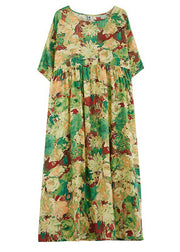 Vintage Green Print Wrinkled Maxi Dresses Short Sleeve