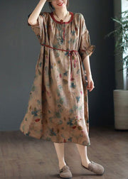 Vintage Green Ruffled Lace Up Print Linen Dress Half Sleeve