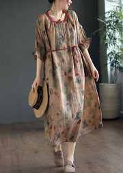 Vintage Green Ruffled Lace Up Print Linen Dress Half Sleeve