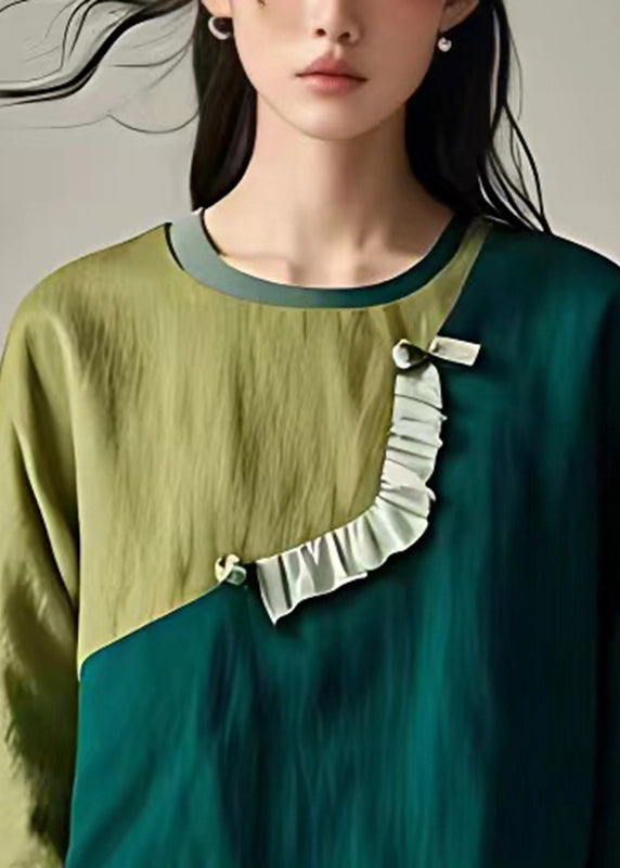 Vintage Green Ruffled Patchwork T Shirt Summer