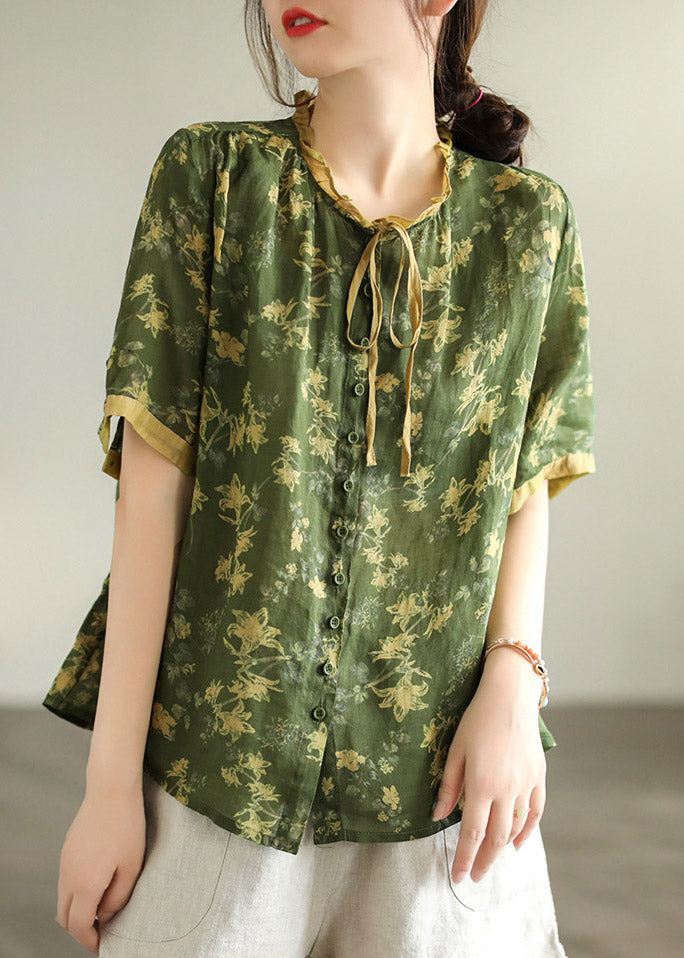 Vintage Green Ruffled Print Button Linen Shirt Short Sleeve