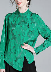 Vintage Green Stand Collar Button Jacquard Silk Shirt Spring