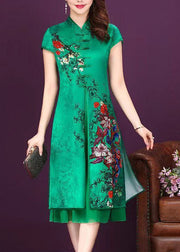 Vintage Green Stand Collar Chinese Button Patchwork Silk Dress Summer