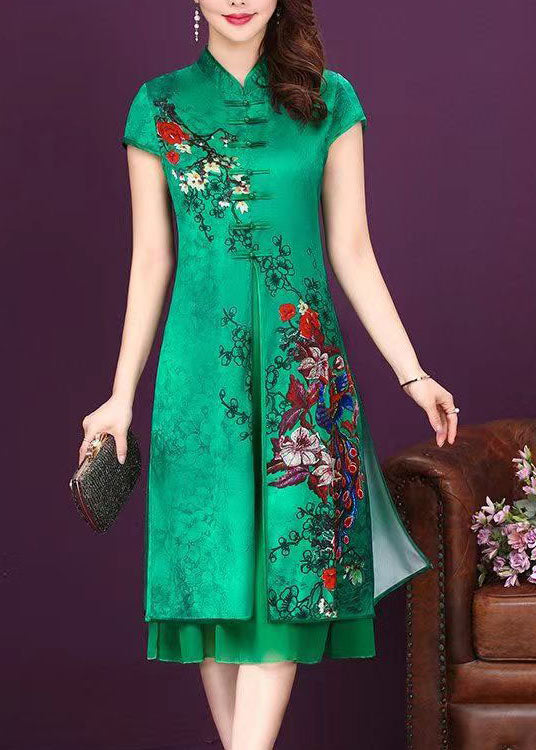 Vintage Green Stand Collar Chinese Button Patchwork Silk Dress Summer