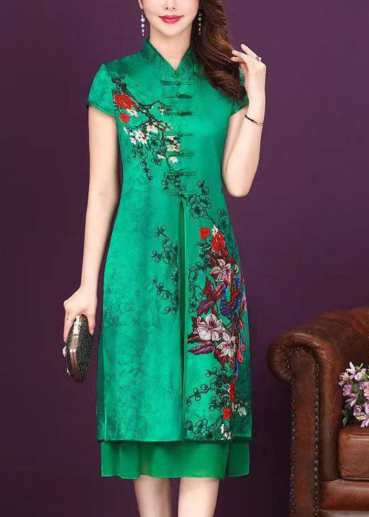 Vintage Green Stand Collar Chinese Button Patchwork Silk Dress Summer