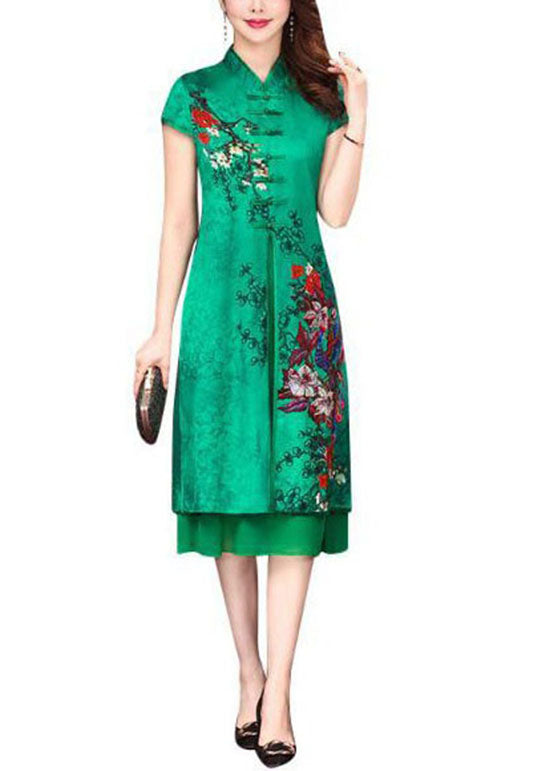 Vintage Green Stand Collar Chinese Button Patchwork Silk Dress Summer