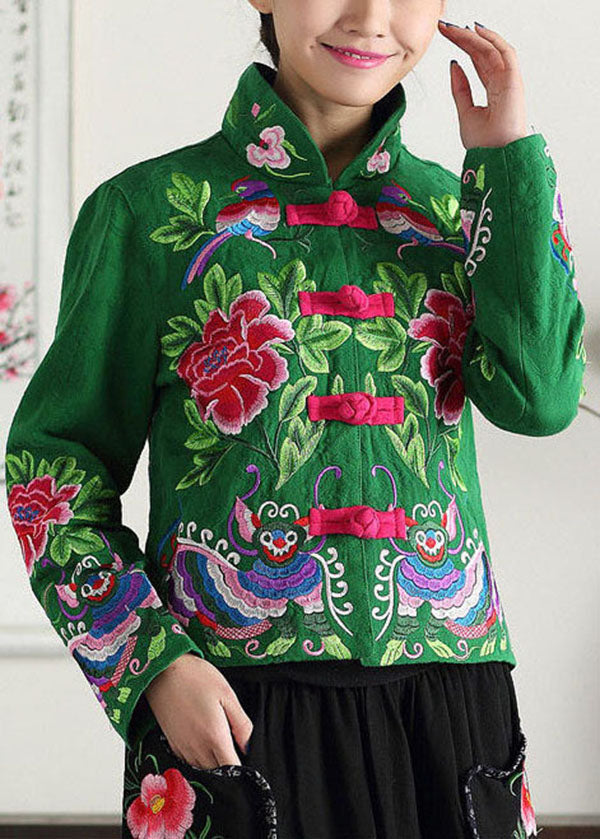 Vintage Green Stand Collar Embroideried Cotton Jacket Fall