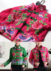 Vintage Green Stand Collar Embroideried Cotton Jacket Fall