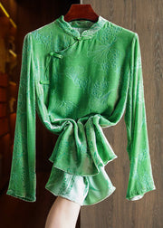 Vintage Green Stand Collar Low High Design Silk Velour Tops Long Sleeve