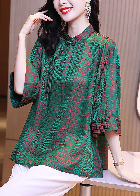 Vintage Green Stand Collar Oriental Button Plaid Jacquard Silk Shirt Tops Bracelet Sleeve