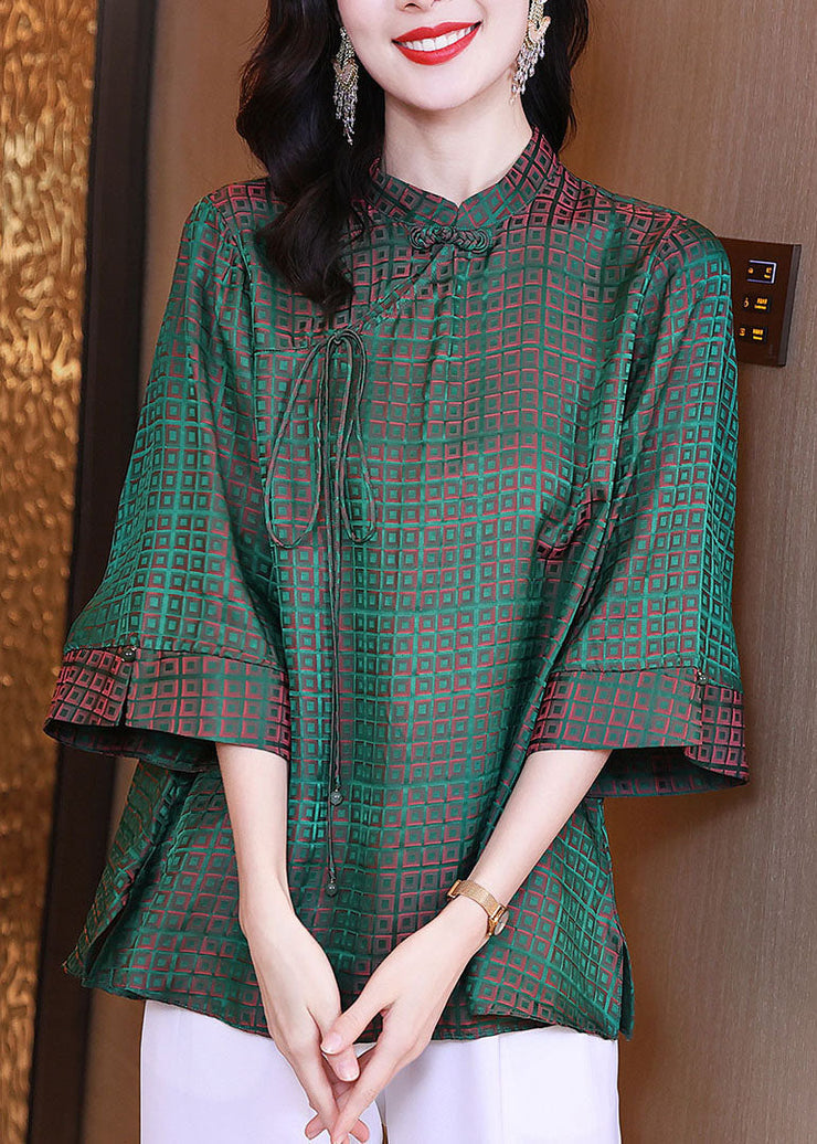 Vintage Green Stand Collar Oriental Button Plaid Jacquard Silk Shirt Tops Bracelet Sleeve