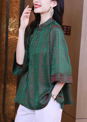 Vintage Green Stand Collar Oriental Button Plaid Jacquard Silk Shirt Tops Bracelet Sleeve