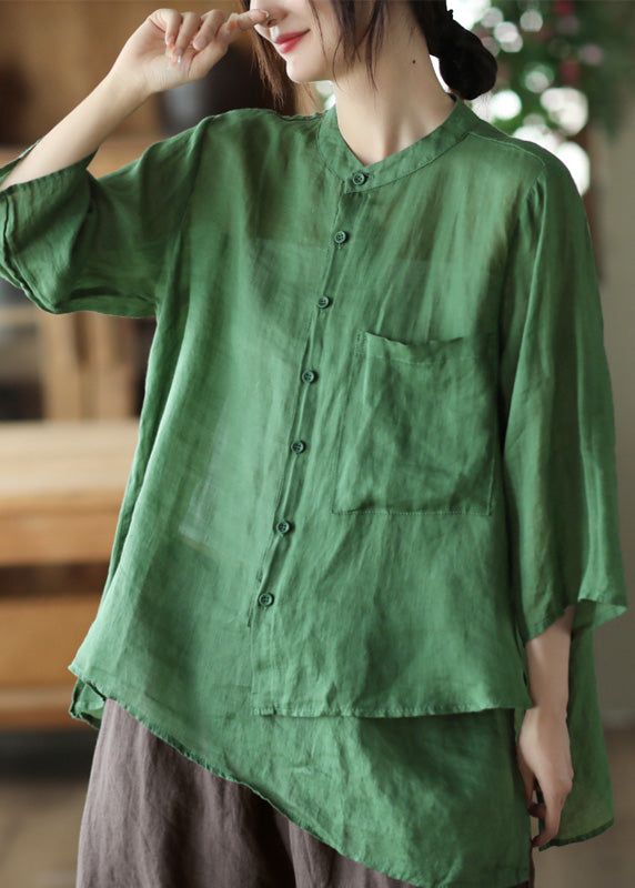 Vintage Green Stand Collar Pockets Button Linen Shirt Summer