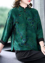 Vintage Green Stand Collar Print Button Patchwork Silk Top Spring