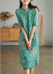 Vintage Green Stand Collar Print Cotton Cheongsam Dress Short Sleeve