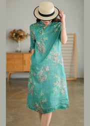 Vintage Green Stand Collar Print Cotton Cheongsam Dress Short Sleeve