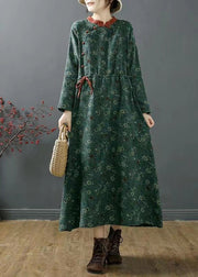 Vintage Green Stand Collar Print Patchwork Cotton Dress Fall