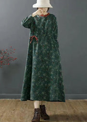 Vintage Green Stand Collar Print Patchwork Cotton Dress Fall