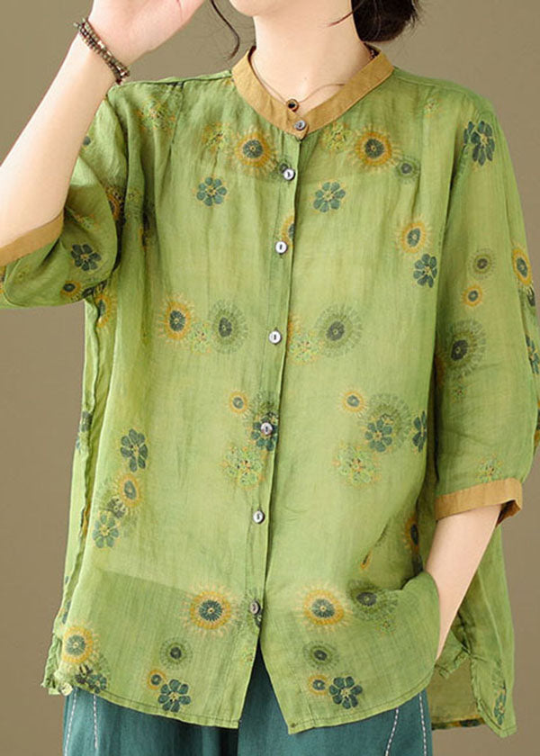 Vintage Green Stand Collar Print Patchwork Linen Top Summer