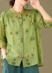 Vintage Green Stand Collar Print Patchwork Linen Top Summer