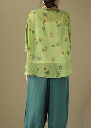 Vintage Green Stand Collar Print Patchwork Linen Top Summer