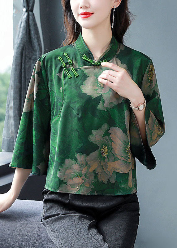 Vintage Green Stand Collar Print Patchwork Silk Shirt Spring