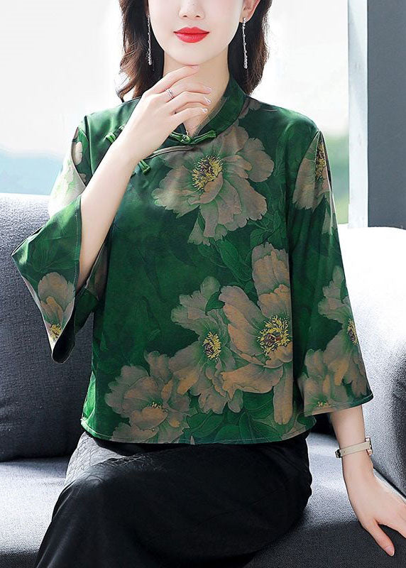 Vintage Green Stand Collar Print Patchwork Silk Shirt Spring