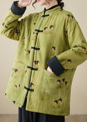 Vintage Green Stand Collar Print Pockets Parkas Winter