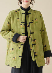 Vintage Green Stand Collar Print Pockets Parkas Winter