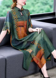 Vintage Green Stand Collar Print Side Open Patchwork Silk Dresses Summer