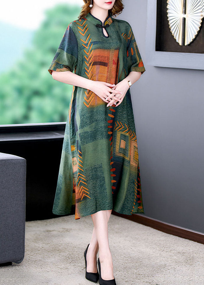 Vintage Green Stand Collar Print Side Open Patchwork Silk Dresses Summer