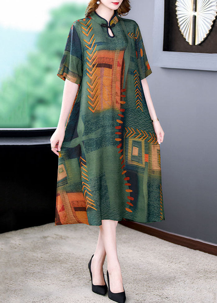 Vintage Green Stand Collar Print Side Open Patchwork Silk Dresses Summer