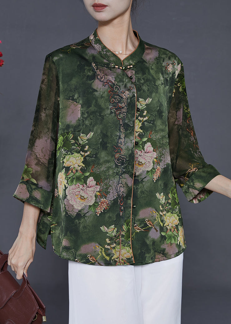 Vintage Green Stand Collar Print Silk Shirt Tops Summer