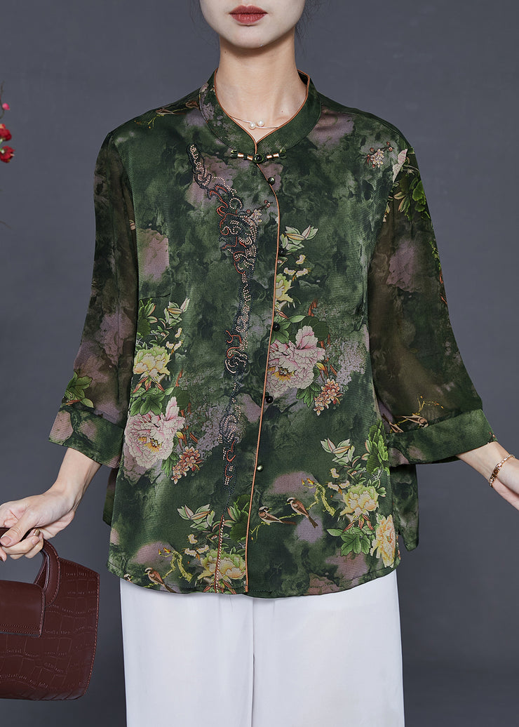 Vintage Green Stand Collar Print Silk Shirt Tops Summer