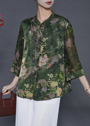 Vintage Green Stand Collar Print Silk Shirt Tops Summer