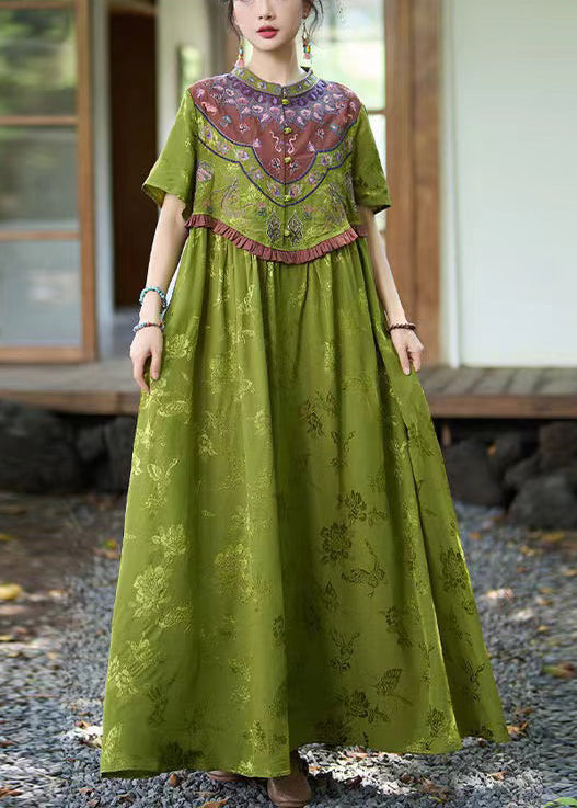 Vintage Green Stand Collar Ruffled Embroidered Silk Dresses Summer