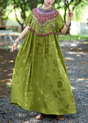 Vintage Green Stand Collar Ruffled Embroidered Silk Dresses Summer