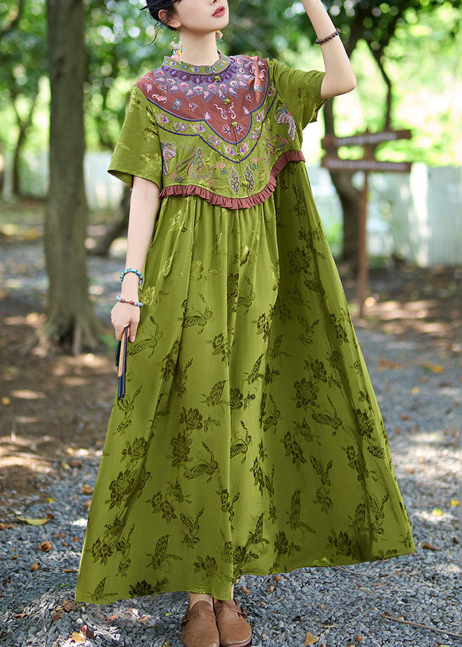 Vintage Green Stand Collar Ruffled Embroidered Silk Dresses Summer