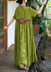 Vintage Green Stand Collar Ruffled Embroidered Silk Dresses Summer