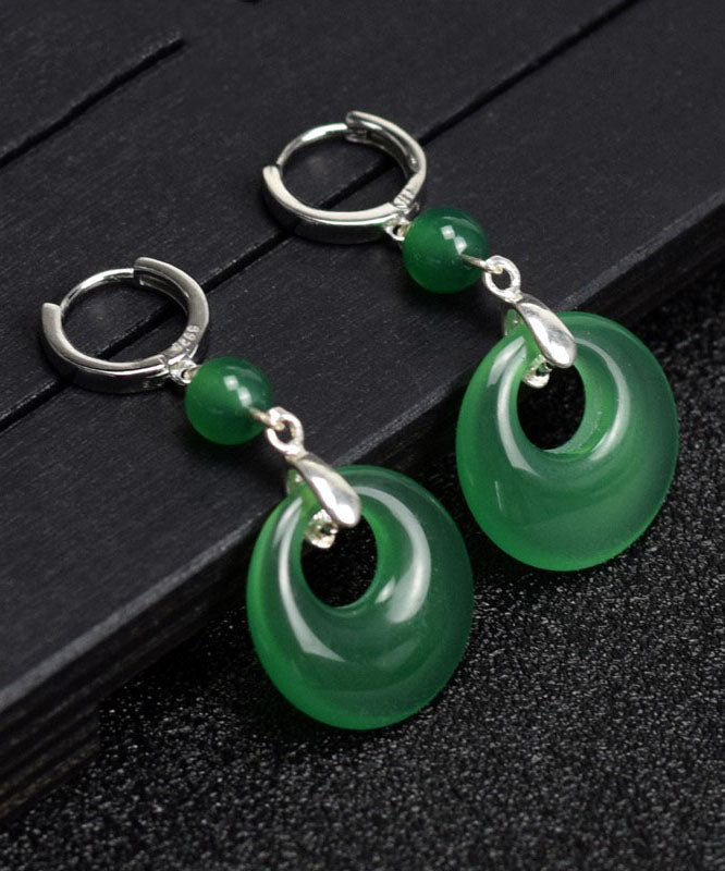 Vintage Green Sterling Silver Inlaid Chalcedony Drop Earrings