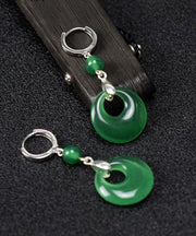 Vintage Green Sterling Silver Inlaid Chalcedony Drop Earrings