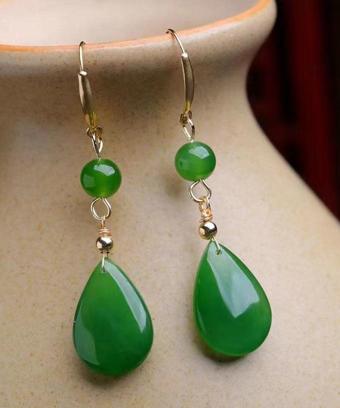 Vintage Green Sterling Silver Inlaid Jade Water Drop Drop Earrings