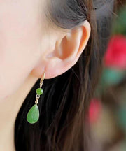 Vintage Green Sterling Silver Inlaid Jade Water Drop Drop Earrings