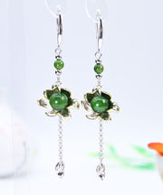 Vintage Green Sterling Silver Jade Floral Drop Earrings