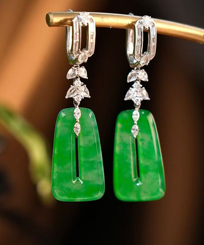 Vintage Green Sterling Silver Jade Square Hollow Out Drop Earrings