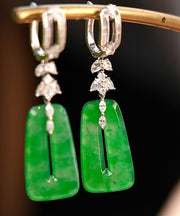 Vintage Green Sterling Silver Jade Square Hollow Out Drop Earrings